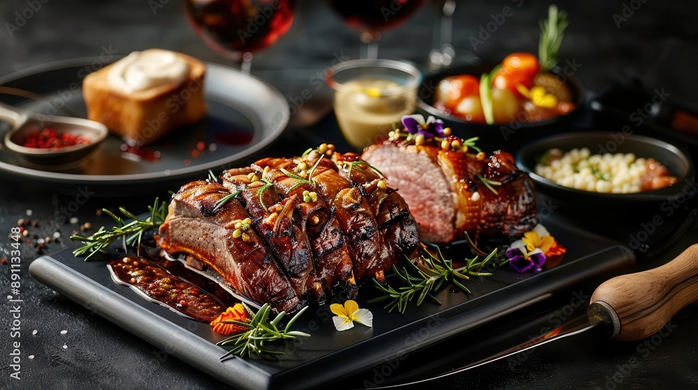 Gourmet roasted meat with rosemary and edible flowers, served with sides and wine. Gourmet roasted meat with rosemary and edible flowers, served with sides and wine.