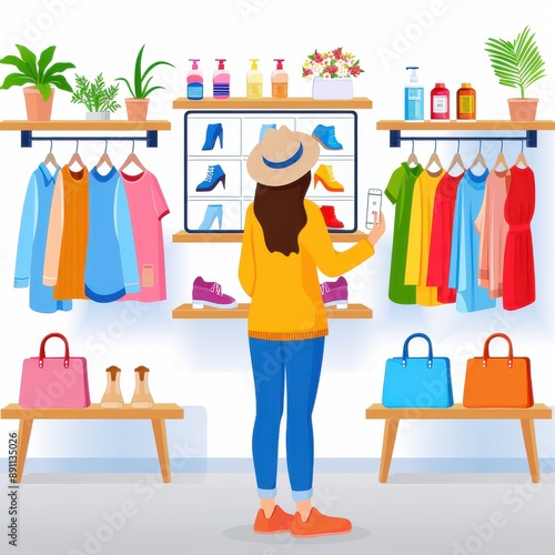 Virtual fitting room, customer trying clothes online, flat design illustration