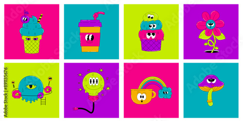 Psychedelic set of groovy characters Mushroom, Sun, Heart and others. Retro elements and stickers in acidic and bright colors. Vector surreal collection