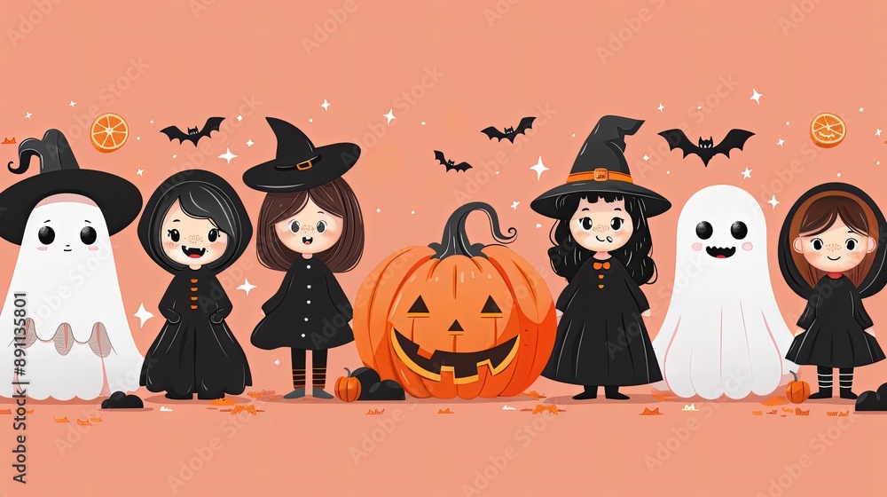 vector, illustration, flat, Pumpkin, bat with flat people character. Tiny woman, man and Halloween party for cartoon event. Happy Halloween banner or party invitation. Cartoon vector illustration vector, illustration, flat, Pumpkin, bat with flat people character. Tiny woman, man and Halloween party for cartoon event. Happy Halloween banner or party invitation. Cartoon vector illustration