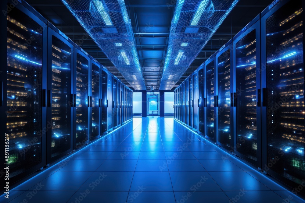 Data center. Server racks in server room data center. A modern data center featuring multiple servers, each equipped with glowing LED lights. Data center. Server racks in server room data center. A modern data center featuring multiple servers, each equipped with glowing LED lights.