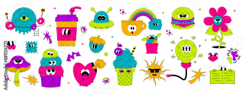Psychedelic set of groovy characters Mushroom, Sun, Heart and others. Retro elements and stickers in acidic and bright colors. Vector surreal collection