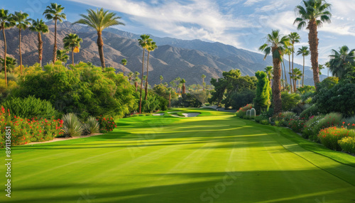 Fototapeta Naklejka Na Ścianę i Meble -  In the background of a golf course are palm trees and mountains, creating a beautiful scenery