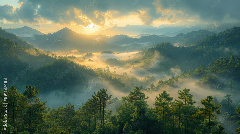 Obraz premium Sunlight shines through clouds over mountains, creating a beautiful scene in nature