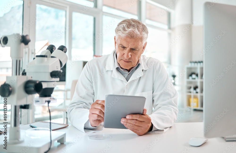 Mature man, scientist and tablet for medical research, review and pharmaceutical in lab as employee or staff. Male person, doctor and tech for results, feedback or healthcare for science or medicine Mature man, scientist and tablet for medical research, review and pharmaceutical in lab as employee or staff. Male person, doctor and tech for results, feedback or healthcare for science or medicine