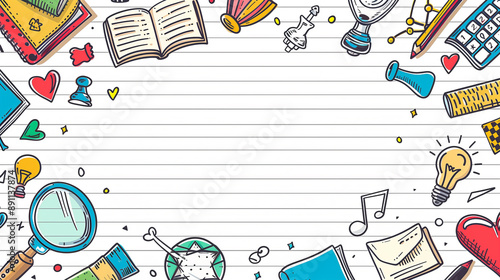 Colorful doodles of school supplies surrounding lined paper background..