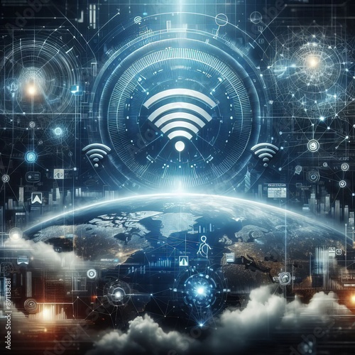 Wireless network and connection abstract data background with wifi symbol 