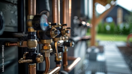 Close-up of a geothermal heating system, detailed image showing the pipes and components of a geothermal heating system installed in a residential area, photography, © Janejira