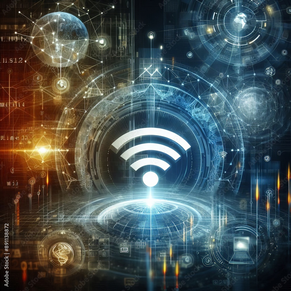 Obraz premium Wireless network and connection abstract data background with wifi symbol