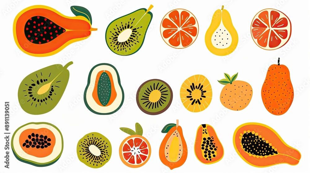 A set of flat fruit icons, featuring tropical fruits like papayas and kiwis, on a white background. A set of flat fruit icons, featuring tropical fruits like papayas and kiwis, on a white background.