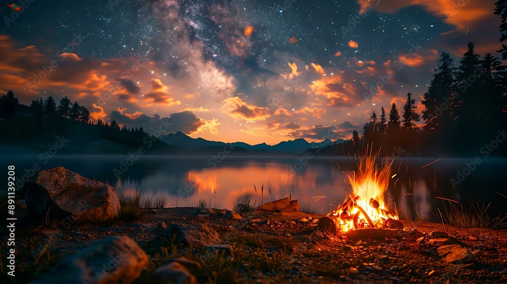 A mesmerizing nighttime scene of a campfire by a tranquil lake under a star-filled sky, perfect for promoting outdoor adventure, camping experiences, or serene nature getaways. A mesmerizing nighttime scene of a campfire by a tranquil lake under a star-filled sky, perfect for promoting outdoor adventure, camping experiences, or serene nature getaways.