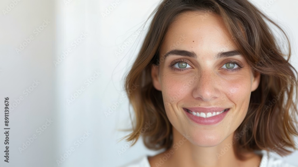 Woman in her early 30s with subtle crow's feet and forehead wrinkles. Woman in her early 30s with subtle crow's feet and forehead wrinkles.