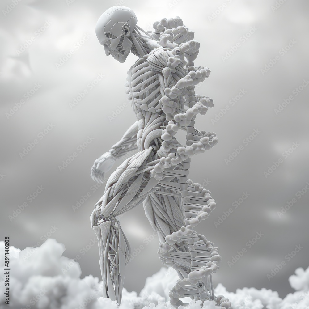 Fototapeta premium Genetics Scientist in Lab Coat Demonstrating DNA Analysis Pose with Double Helix Model