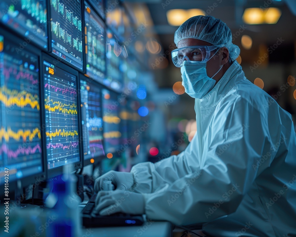 Modern Scientist in PPE Analyzing DNA Sequences in High-Tech Lab Environment