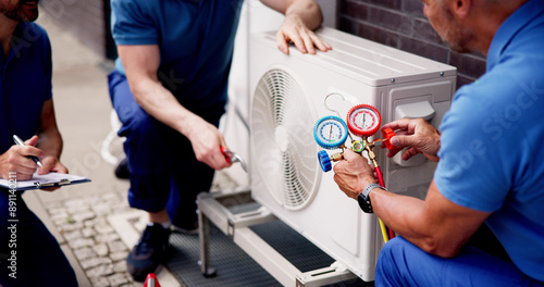 Slika na platnu Experienced HVAC technician inspecting commercial building