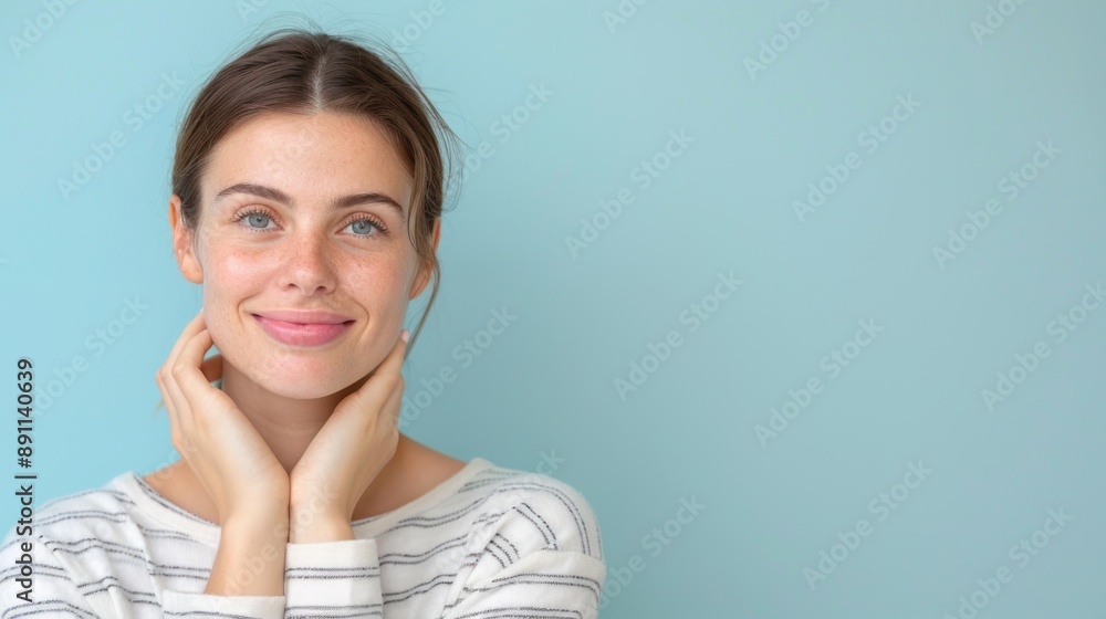 Woman in her early 30s with subtle crow's feet and forehead wrinkles. Woman in her early 30s with subtle crow's feet and forehead wrinkles.