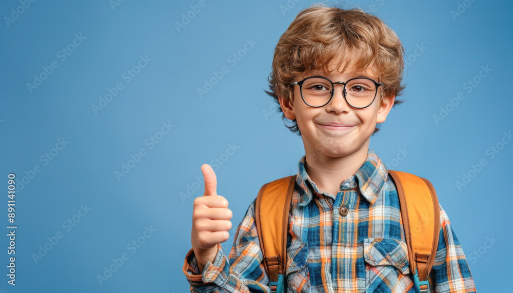 A young boy with glasses and a backpack is smiling and giving a thumbs up gesture A young boy with glasses and a backpack is smiling and giving a thumbs up gesture