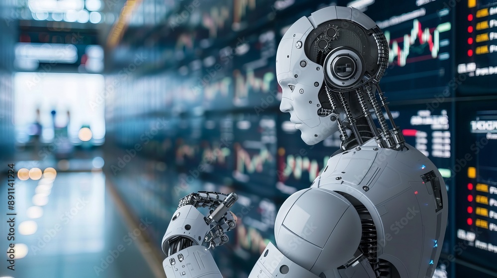 Robot Analyzing Financial Data on Monitors Robot Analyzing Financial Data on Monitors