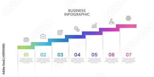 Infographic Timeline 7 Steps to Business Goals. Business presentations, reports, data, banners, milestones and planning. Vector illustration.