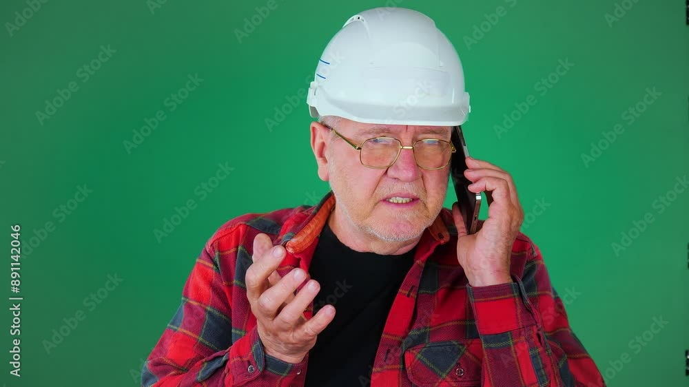 An elderly man, a builder, in a white protective helmet, in glasses, talking on the phone, gesturing. Business conversation. Pink background. Slow motion. An elderly man, a builder, in a white protective helmet, in glasses, talking on the phone, gesturing. Business conversation. Pink background. Slow motion.