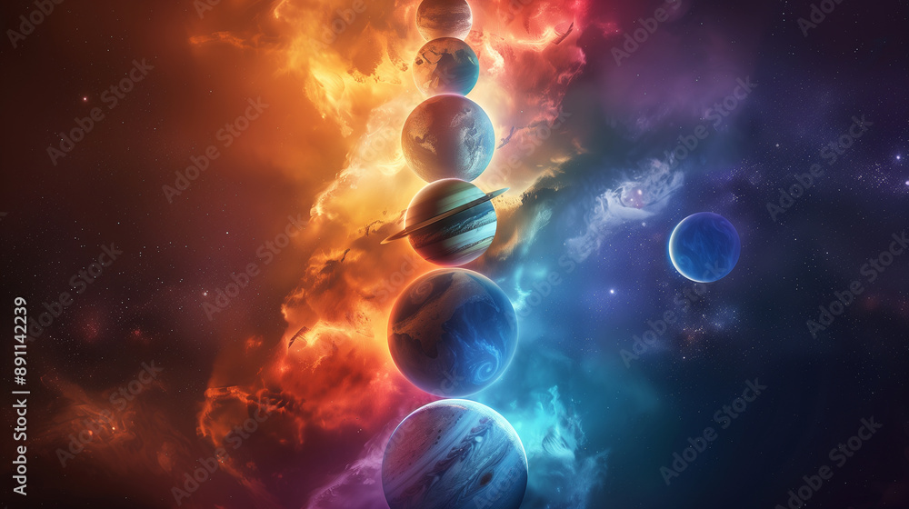 Obraz premium Multicolored planets aligned in vertical panels with cosmic background..