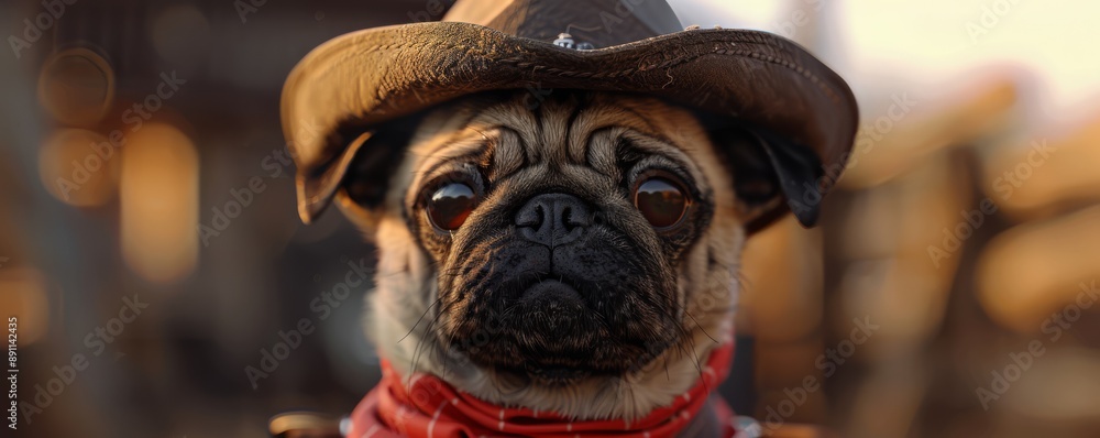 Obraz premium Adorable pug dog wearing a cowboy hat and bandana. Cute pet portrait in outdoor setting with warm sunlight.