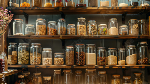 Wallpaper Mural Wooden shelves with jars filled with various dry food ingredients Torontodigital.ca