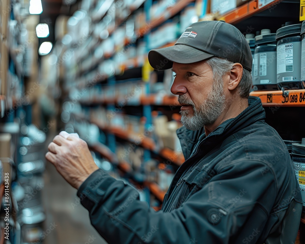 Efficient Online Seller Checking Inventory in Neatly Organized Storage Room with 90 mm f/4.0 Lens Efficient Online Seller Checking Inventory in Neatly Organized Storage Room with 90 mm f/4.0 Lens