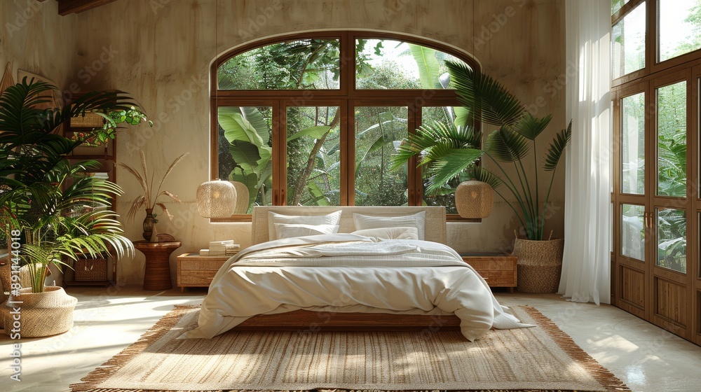 Background displaying an empty, stylish apartment room with minimalist design, incorporating a mix of rattan decor, soft cushions, and a chic bedding set, highlights a serene and modern lifestyle Background displaying an empty, stylish apartment room with minimalist design, incorporating a mix of rattan decor, soft cushions, and a chic bedding set, highlights a serene and modern lifestyle
