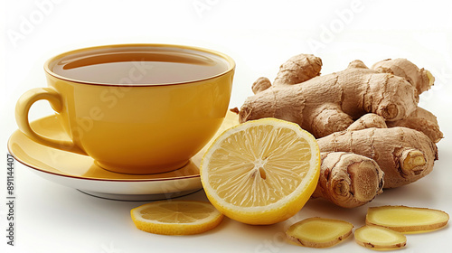 fresh ginger roots lemon tea in a cup of tea with a white background. Traditional herbal tea lemon ginger