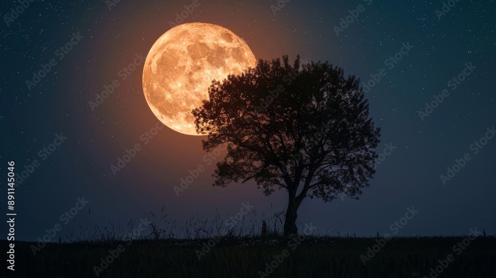 Tree silhouetted against a full moon at night Tree silhouetted against a full moon at night