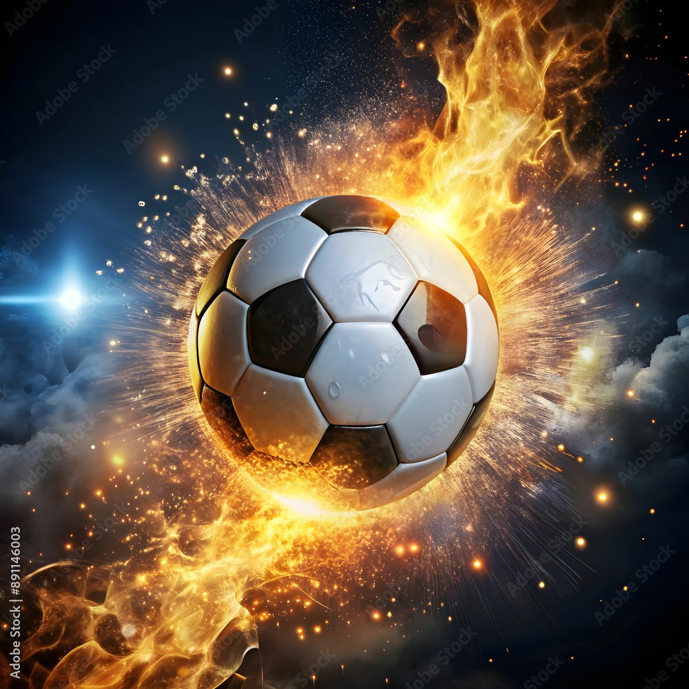 Fototapeta premium soccer ball with sparks flying high in the air Copy