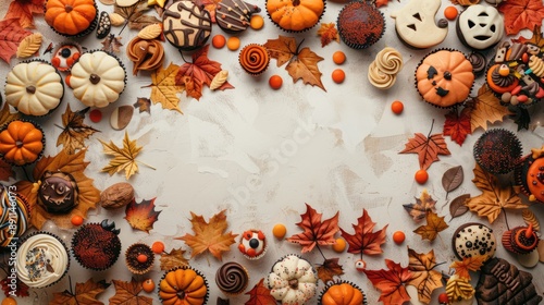 Festive Halloween Treats and Cupcakes with Autumn Leaves Background, Vibrant High-Resolution Image for Seasonal Celebration, Empty Text Area 32K, Generative Ai