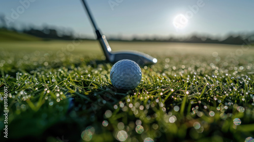 A high-resolution photograph of a golf ball on the green with a golf club hovering above, straight-on view, lush green grass with dew drops glistening in the morning sun