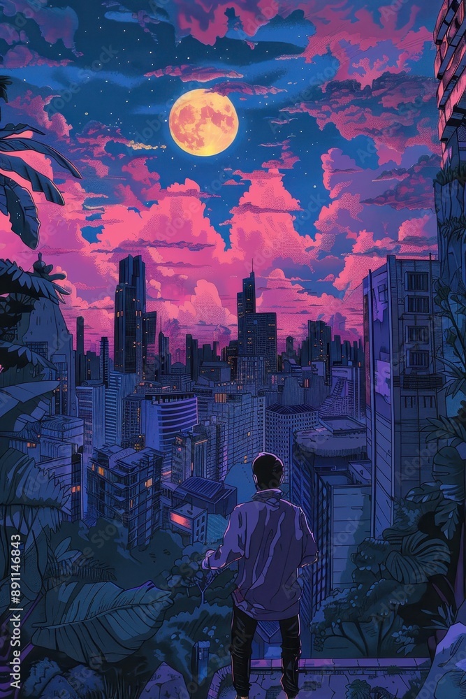 Fototapeta premium Night View of Cityscape with Full Moon and Stars