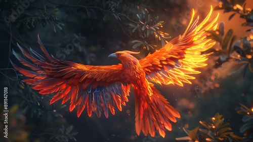 Majestic phoenix soaring through a twilight sky © Sakdecha