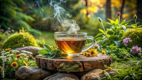 Fototapeta Naklejka Na Ścianę i Meble -  A steaming cup of herbal tea placed on a large stone, surrounded by freshly picked herbs and forest plants.
