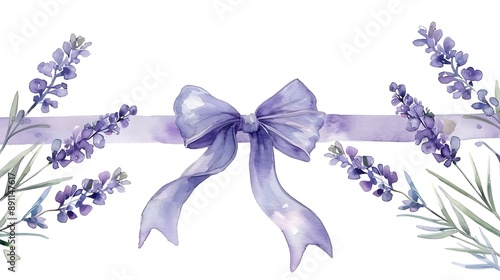 Fototapeta Naklejka Na Ścianę i Meble -  Purple Watercolor Lavender and Bow