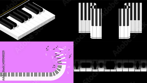 Set Abstract Collection Piano Keys Music Keyboard Instrument With Plants Brunch Botanical Doodle Outline Melt Song Melody Vector Design Style