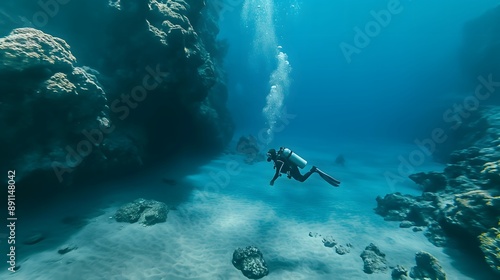 Wallpaper Mural 13. "A diver exploring a breathtaking underwater landscape with towering rock formations Torontodigital.ca