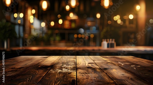 Empty wooden table top with blurred background of restaurant interior, with bokeh lights for product display montage in the style of e-commerce advertising