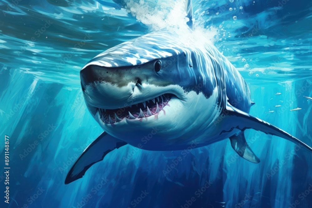 Fototapeta premium Shark animal fish blue, digital paint illustration. image