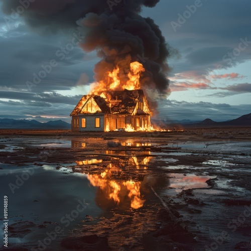 Burning house on desolate wet plain, surrounded by mountains under dark night sky. Flames engulf dilapidated building, reflected in water below. Surreal, eerie landscape at dusk, featuring dramatic