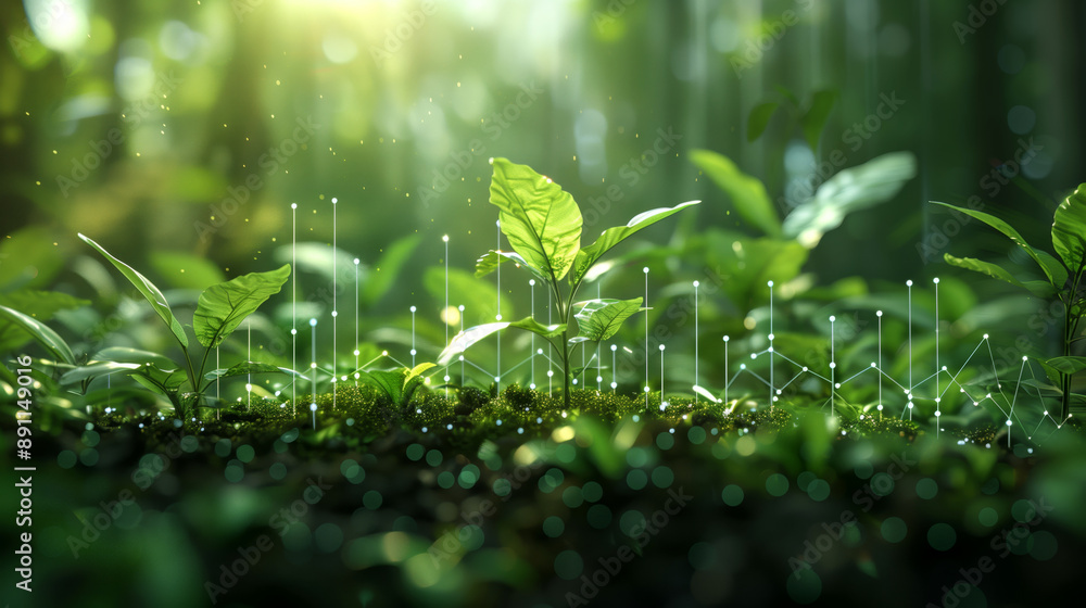 Green graph lines ascending through a vibrant forest scene, representing eco-friendly progress and oxygen production Green graph lines ascending through a vibrant forest scene, representing eco-friendly progress and oxygen production