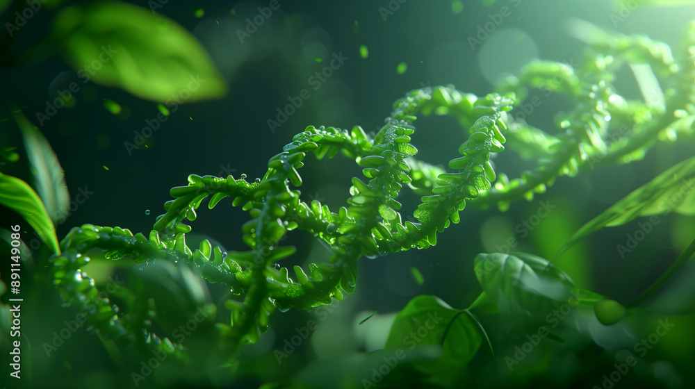 a DNA helix made from green leaves, set against the backdrop of lush vegetation and sunlight filtering through foliage a DNA helix made from green leaves, set against the backdrop of lush vegetation and sunlight filtering through foliage
