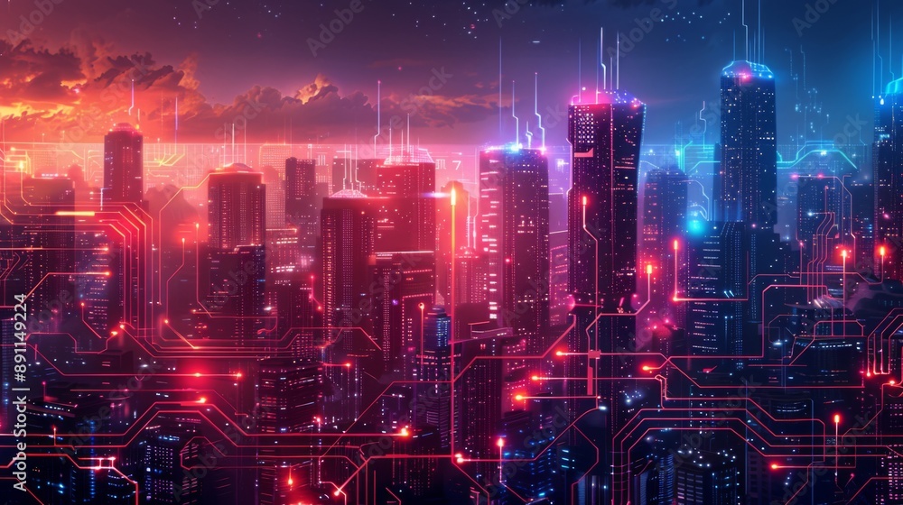 Fototapeta premium Futuristic Smart Cyber City illustration: Innovative Urban Landscape in Digital Circuitry, futuristic technology concept, Graphic Resources, Wallpapers, Brochure, Websites, banner design, Advertising,