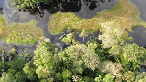 drone shoot of the amazonas river with boat  with nature and clear water