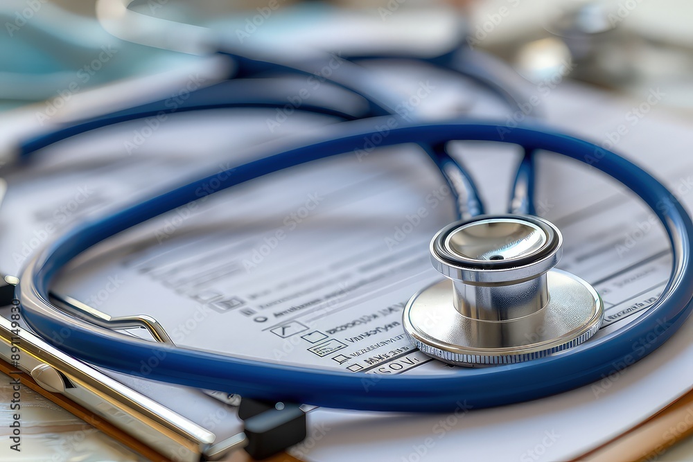 A stethoscope and a clipboard over a light background symbolizing healthcare. A stethoscope and a clipboard over a light background symbolizing healthcare.