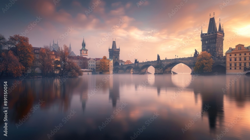 Beautiful view of the architecture of the Old Town pier and Old Town Bridge at sunrise Beautiful view of the architecture of the Old Town pier and Old Town Bridge at sunrise