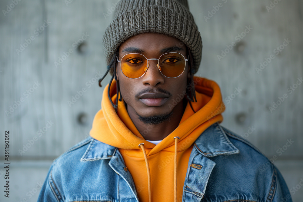 Fashion-Forward Man in Denim Jacket and Mustard Beanie Fashion-Forward Man in Denim Jacket and Mustard Beanie